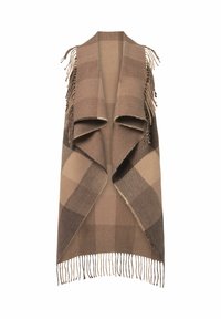 Gilet scialle a quadri marrone con bordi frangiati, dotato di un design aperto e a strati. Realizzato in un tessuto caldo e texture.