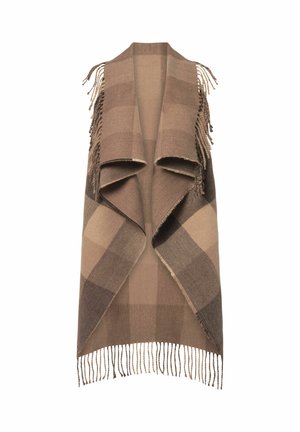 Bruine geruite sjaalvest met franjes, met een gelaagde, open voorkant. Gemaakt van een warme, gestructureerde stof.