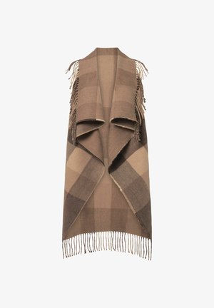 Brown plaid shawl vest with fringed edges, featuring a layered, open front design. Made from a warm, textured fabric.