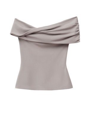 Schulterfreies Oberteil aus hellgrauem Stoff, mit sanftem Fall, taillierter Passform und glatter Textur. Keine sichtbaren Beschläge oder Muster.