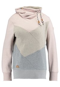 Sudadera con capucha con una mezcla de paneles en rosa claro, beige y gris. Cuenta con un cuello vuelto, cordones ajustables y un pequeño parche con logo.