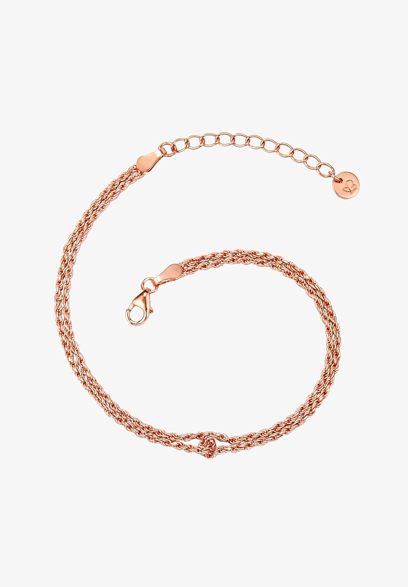 Narukvica od ružičastog zlata s pletenim dizajnom, koja sadrži kopču u obliku jastoga i podesiv lanac s malim privjeskom na kraju.