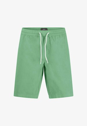 Groene zwemshorts gemaakt van lichtgewicht materiaal, met een elastische tailleband, witte trekkoord en zijzakken.