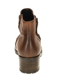 Brown leather ankle boot with a rounded toe, zipper closure on the side, and a thick, stacked heel. Smooth texture with subtle stitching details.