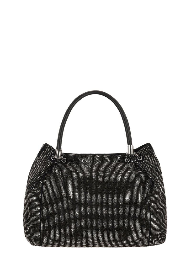 Sac à main noir avec une surface texturée, orné de petites clous métalliques. Doté de deux poignées semi-rigides et d'une forme spacieuse et arrondie.