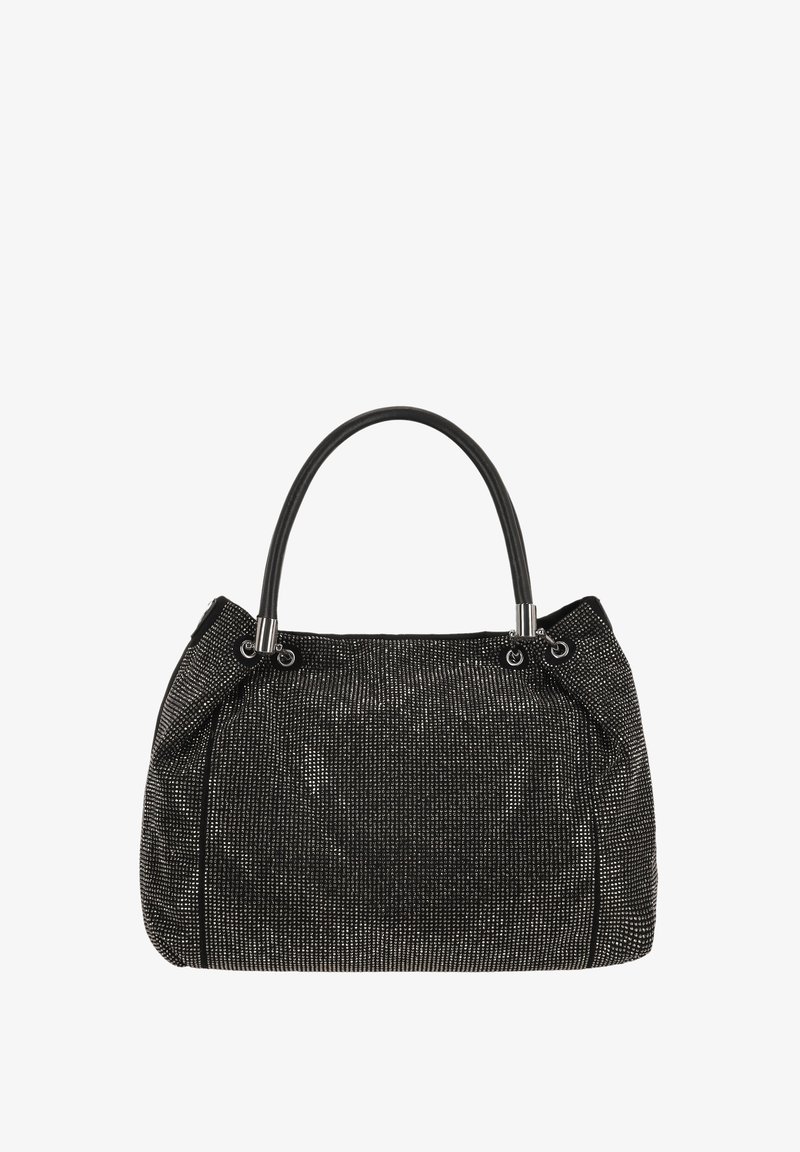 Sac à main noir avec une surface texturée, orné de petites clous métalliques. Doté de deux poignées semi-rigides et d'une forme spacieuse et arrondie.