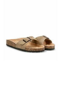 Sandalias con suela de corcho que presentan un upper de ante marrón con una tira ancha y un detalle de hebilla de metal. Diseño de punta abierta; suelas texturizadas para mayor agarre.
