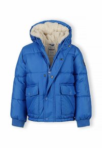 Modrá prešívaná bunda s kapucňou z fleece materiálu. Obsahuje zips, dve predné vrecká a elastické manžety. Hladký vonkajší povrch s prešívaným dizajnom.