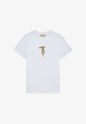 Wit T-shirt met korte mouwen en een bruin gestileerd hoofd en nek van een windhond, gecentreerd op de borst.