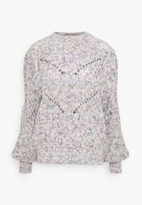 Sweter dziewiarski z melanżowym wykończeniem w pastelowych kolorach, okrągłym dekoltem i bufiastymi rękawami z wzorem w kształcie zygzaka.