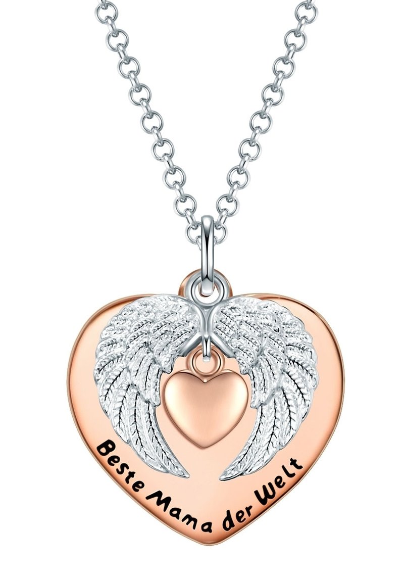 Hjerteformet vedhæng med sølvvinger, roseguld accenter og indgraveret "Beste Mama der Welt," hængende fra en sølvkæde.