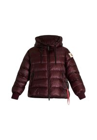 Giacca a vento color bordeaux con cappuccio, dotata di chiusura frontale con zip, polsini elastici e tasche laterali. Realizzata in tessuto lucido con sezioni trapuntate.