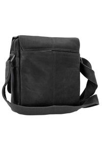 Borsa a tracolla in pelle nera con forma strutturata, parte superiore piatta, tracolla regolabile e dettagli di cucitura discreti sul retro.