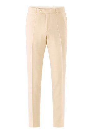 Beige tailored trousers made of lightweight fabric. Features a front button closure, flat front, and two side pockets. Straight leg design.