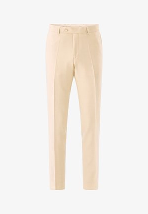 Beige tailored trousers made of lightweight fabric. Features a front button closure, flat front, and two side pockets. Straight leg design.