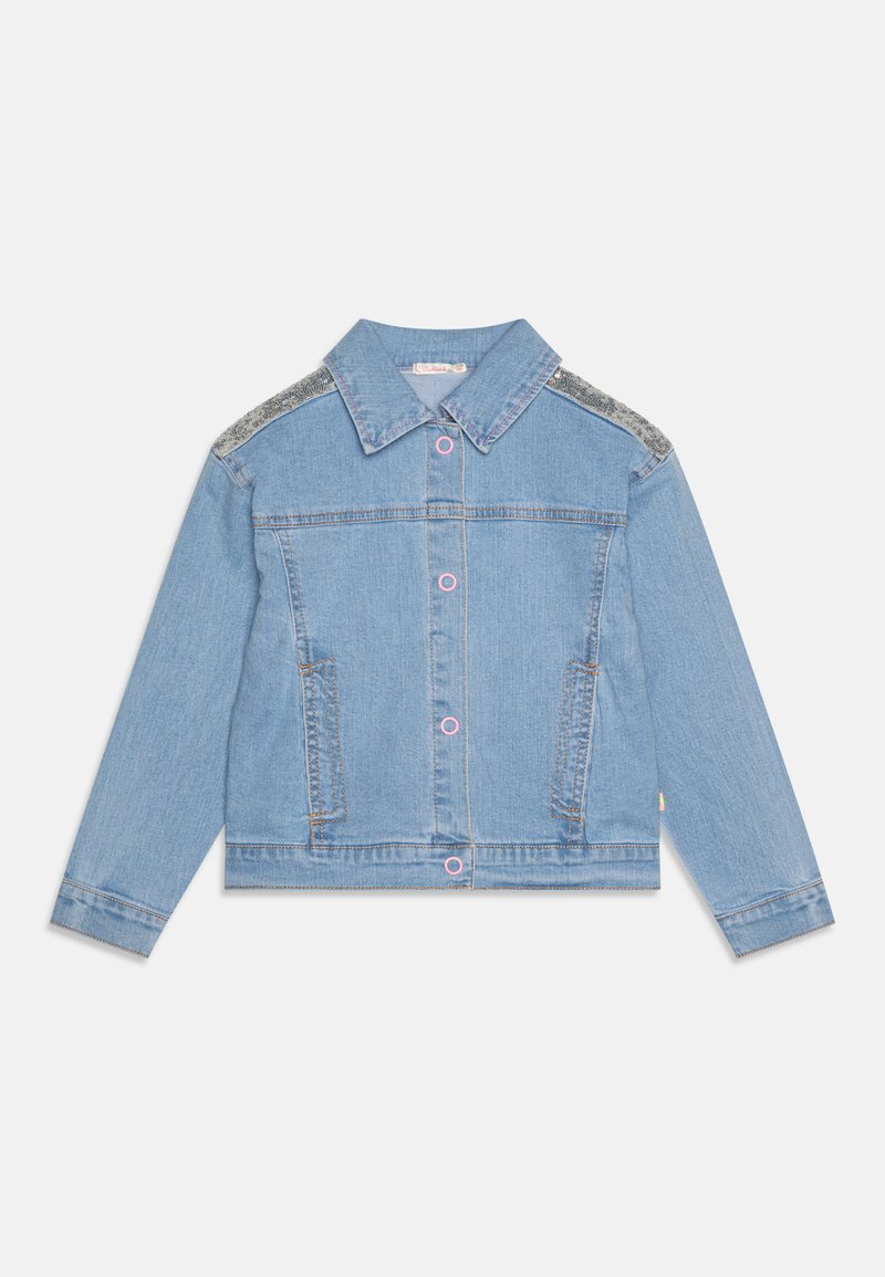 Denim jacket in light blue with a collared neck, two front pockets, pink buttons, and silver accents on shoulders. Long sleeves with cuffs.