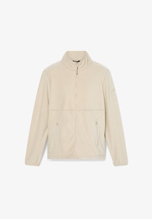 Beige Fleecejacke mit hohem Kragen, durchgehendem Reißverschluss und zwei vorderen Reißverschlusstaschen. Glatte Textur mit minimalistischem Design und ohne sichtbare Muster.