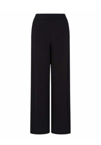 Pantaloni neri a gamba larga con una texture liscia e vita elasticizzata, che offrono una vestibilità comoda e un design semplice senza decorazioni.