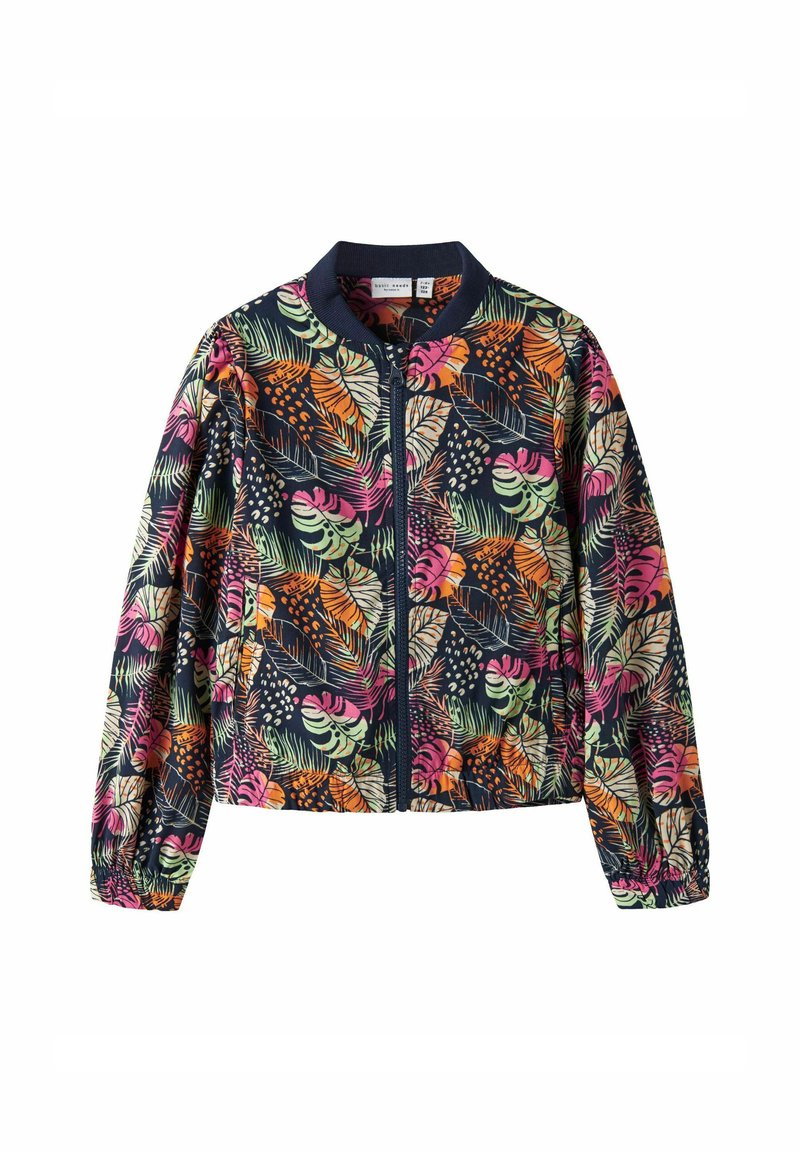 Veste bomber zippée avec un fond sombre et un motif floral coloré, col côtelé et poignets élastiques, en tissu léger.