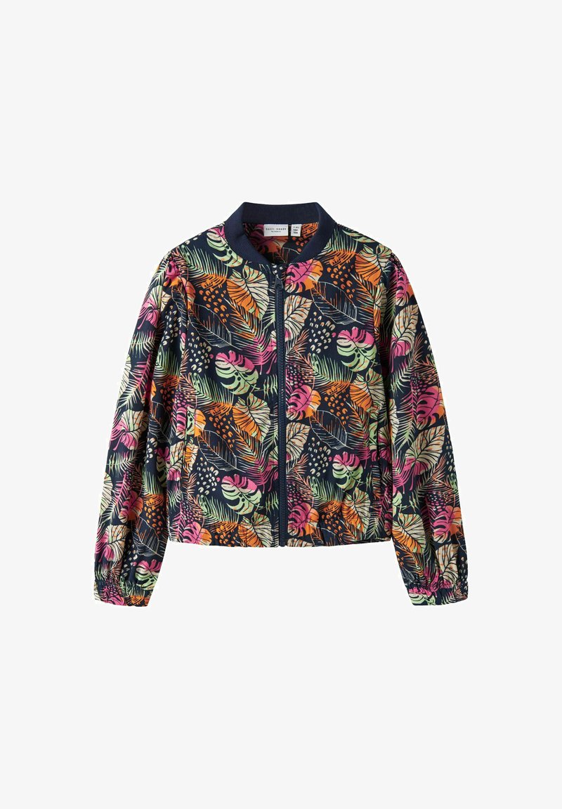 Veste bomber zippée avec un fond sombre et un motif floral coloré, col côtelé et poignets élastiques, en tissu léger.
