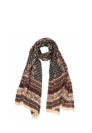 Black scarf with red, beige, and white floral and geometric patterns, loosely folded with frayed edges.