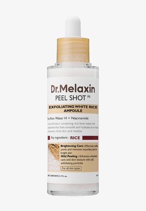 Butelka ampułki Dr. Melaxin Peel Shot Exfoliating White Rice z zakraplaczem, podkreślająca korzyści z wody otrębów ryżowych, niacynamidu i pielęgnacji rozświetlającej.