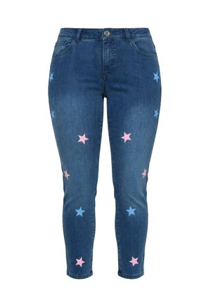 Vaqueros pitillo azul oscuro con patrones de estrellas en rosa y azul claro distribuidos por las piernas delanteras, con bolsillos delanteros y cierre de botón.