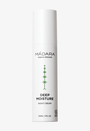Flacon cylindrique blanc de crème de nuit hydratante profonde biologique Mádara avec motif de plante verte et étiquette de 50 ml.
