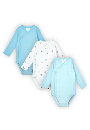Drei Langarm-Babybodys in einfarbigem Blau, Weiß mit marineblauen Meeresbewohner-Motiven und hellblauen Streifen, nebeneinander angeordnet.