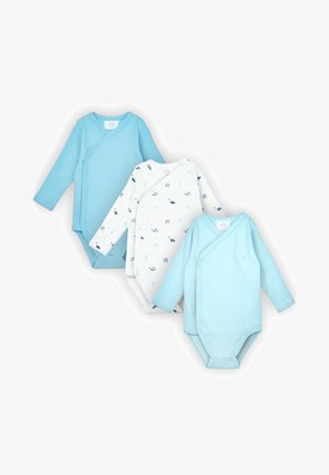 Drei Langarm-Babybodys in einfarbigem Blau, Weiß mit marineblauen Meeresbewohner-Motiven und hellblauen Streifen, nebeneinander angeordnet.