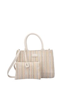 Gewebte Einkaufstasche in pastellfarbenen Streifen mit einem weißen Kunstledergriff und einem abnehmbaren Beutel; verfügt über eine rechteckige Form und ein Etikett.