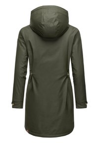 Olive green waterproof coat with a large hood, long sleeves, and side buttons. Smooth texture, knee-length design, and minimal detailing.