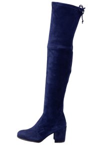 Marineblaue über das Knie reichende Stiefel aus weichem Wildleder, mit einem Blockabsatz und einem Kordelzugdetails oben für eine verstellbare Passform.