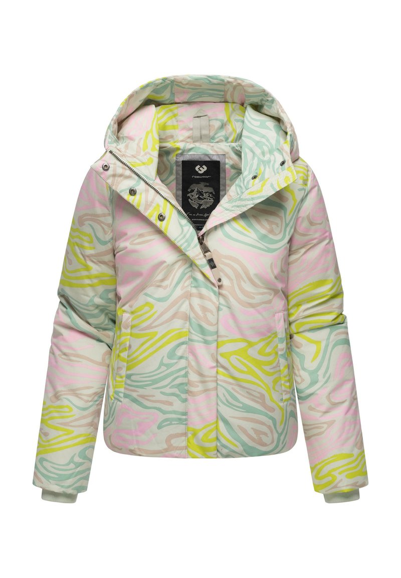 Padded jacket with a multicolored swirl pattern in pastel pink, green, and beige. Features a hood and zip closure, with elastic cuffs.