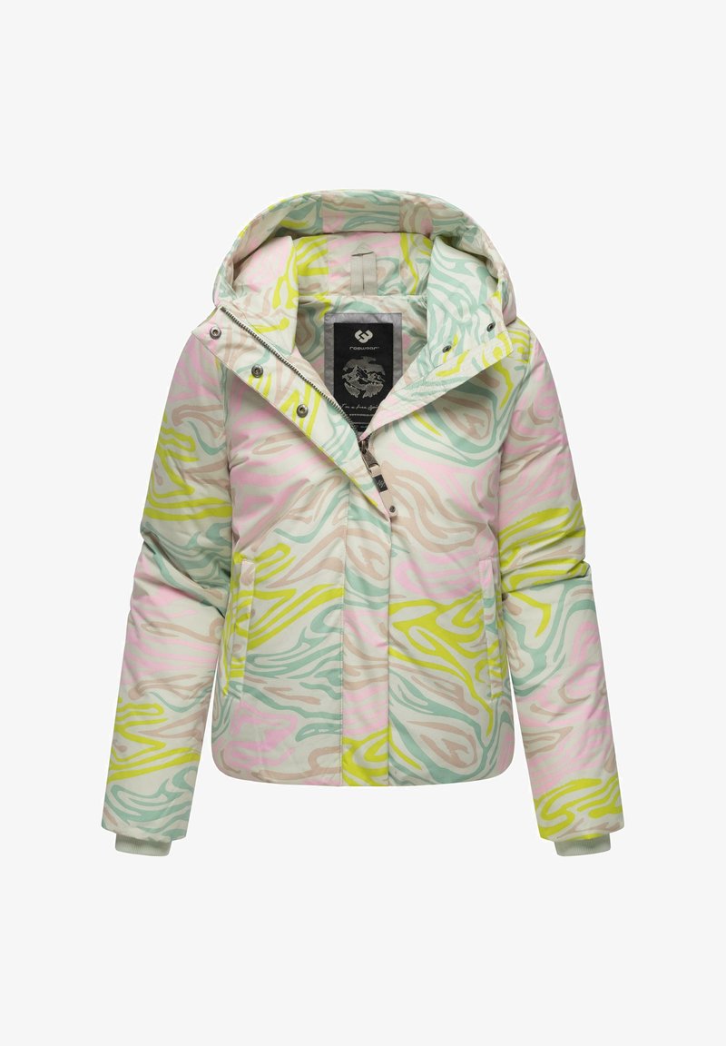Jachetă căptușită cu un model spiralat multicolor în nuanțe pastel de roz, verde și bej. Dispune de o glugă și o închidere cu fermoar, cu manșete elastice.