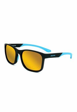 Occhiali da sole neri con lenti arancioni riflettenti e aste blu, con il logo Lotto sui lati della montatura.