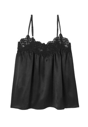 Caraco en satin noir avec bordure en dentelle au niveau de la poitrine et fines bretelles réglables.