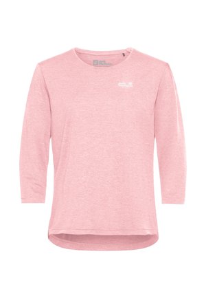 Lichtroze shirt met lange mouwen en een ronde hals, gemaakt van zachte stof, met een klein wit logo op de borst en een afgeronde zoom.