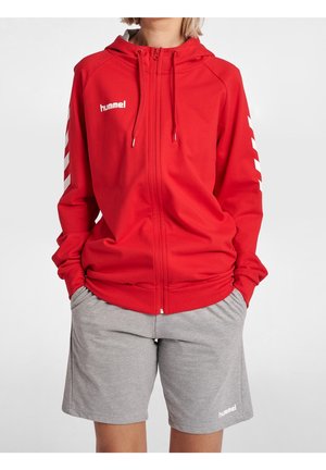 Person iført en rød hættetrøje med hvid chevronmønster på ærmerne og grå shorts, hænderne i lommerne, stående mod en ensfarvet baggrund.