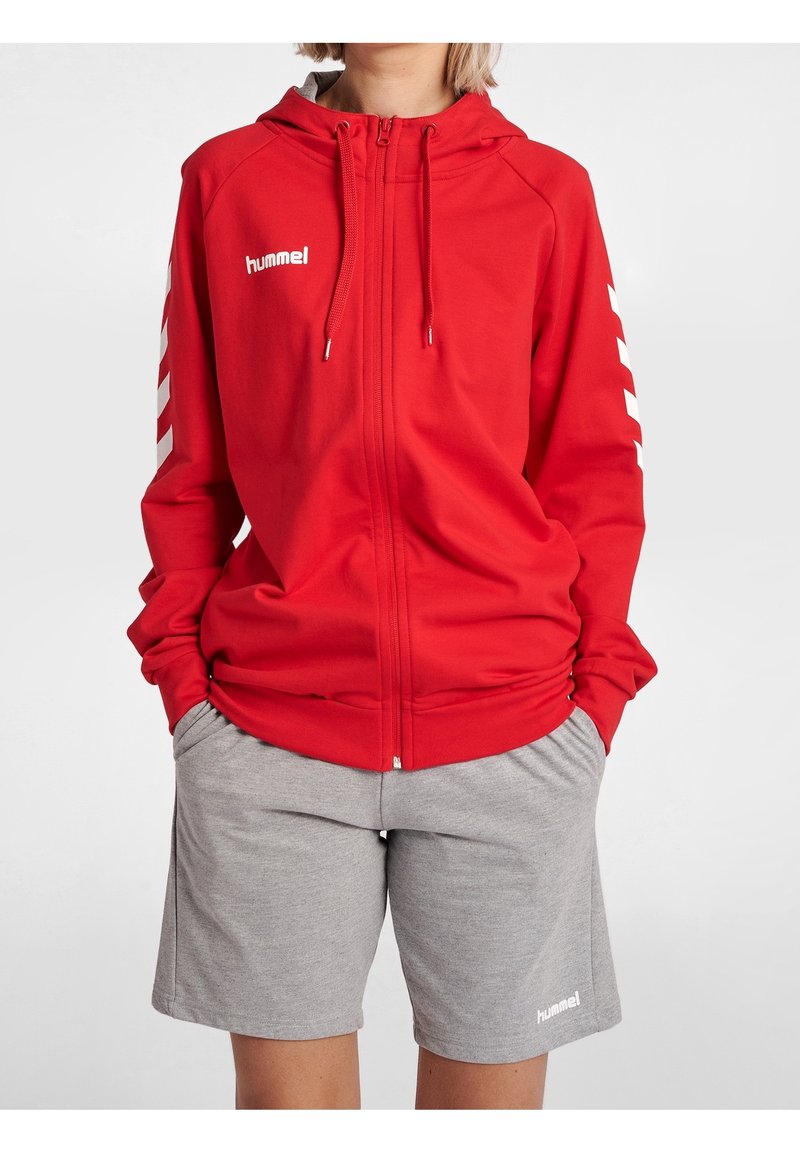 Personne portant un sweat à capuche rouge zippé avec des chevrons blancs sur les manches et un short gris, les mains dans les poches, debout devant un fond uni.