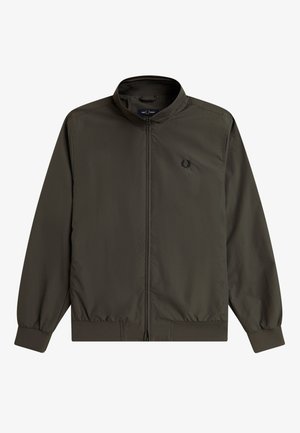 Chaqueta ligera de cremallera en verde oscuro con cuello alto, puños elásticos, dobladillo ajustado y logo bordado sutil en el pecho izquierdo.