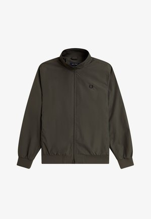 Giacca leggera verde scuro con cerniera, collo alla coreana, polsini ed orlo elastici, e un logo ricamato sobrio sul petto a sinistra.