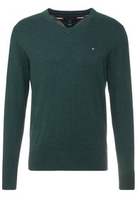 Donkergroene V-hals lange mouwen trui met een klein rood, wit en blauw Tommy Hilfiger vlaglogo op de linkerkant van de borst.