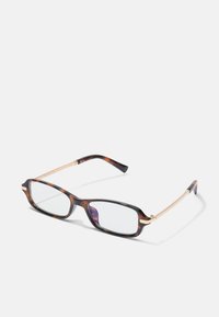 Rechthoekige brillen met een schildpaddenkleurig kunststof frame, goudkleurige metalen accenten en heldere glazen. Elegante armen met een subtiele bocht.