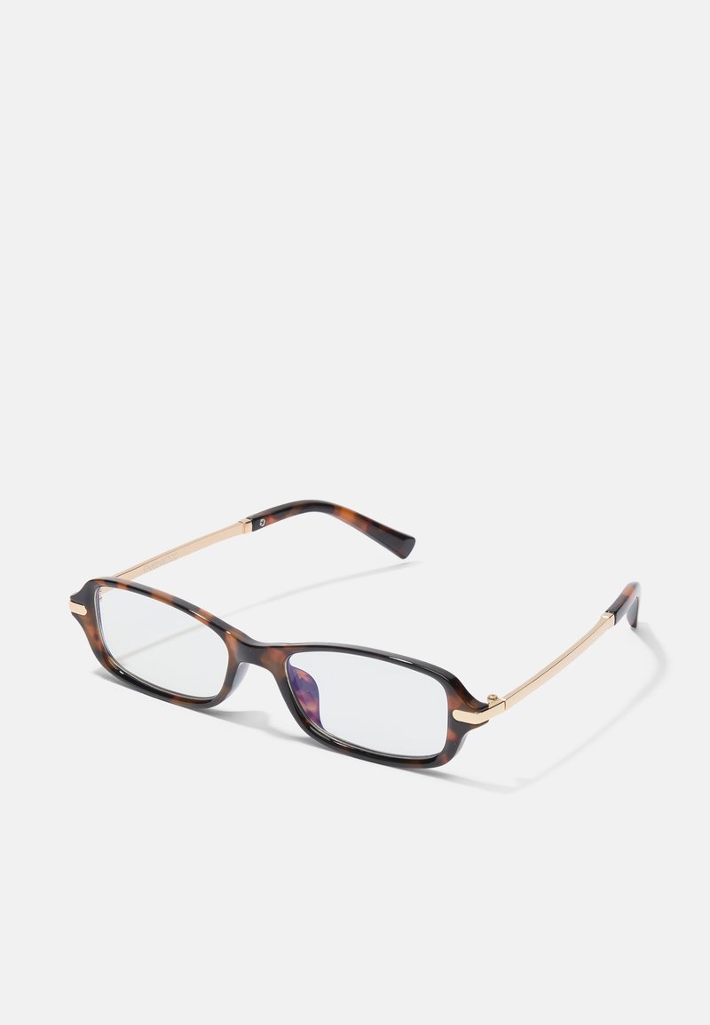 Rechthoekige brillen met een schildpaddenkleurig kunststof frame, goudkleurige metalen accenten en heldere glazen. Elegante armen met een subtiele bocht.