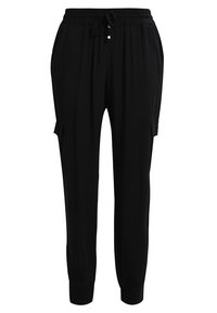 Schwarze Cargo-Hosen aus leichtem Stoff, mit einem elastischen Taillenbund und Kordelzug, seitlichen Taschen und gerippten Säumen.