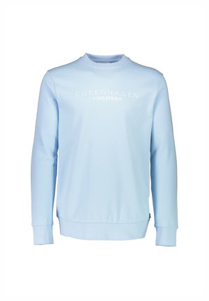 Felpa azzurra chiara con colletto arrotondato, maniche lunghe e polsini a coste. Presenta la scritta "COPENHAGEN LINDBERGH" in bianco sulla parte anteriore.