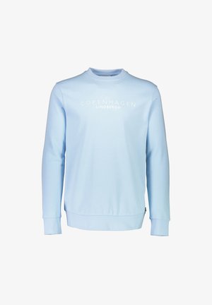 Felpa azzurra chiara con colletto arrotondato, maniche lunghe e polsini a coste. Presenta la scritta "COPENHAGEN LINDBERGH" in bianco sulla parte anteriore.