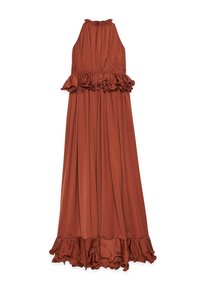 Robe longue de couleur rouille, fabriquée en tissu lisse et tissé. Présente un col halter, une taille froncée et un ourlet évasé avec des détails en volants.
