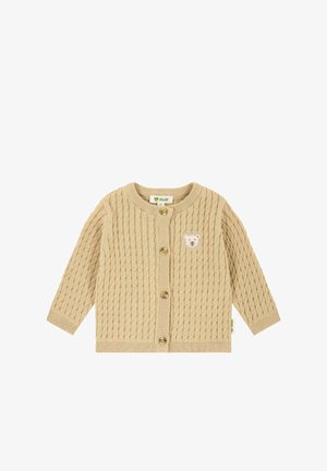 Beige gebreide cardigan met een gestructureerd kabelpatroon, voorzien van een beren gezichtspatch en vijf houten knopen aan de voorkant. Lange mouwen.